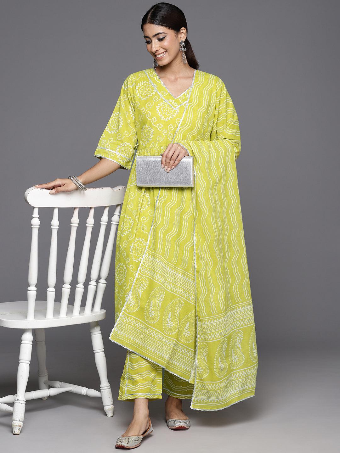 Green Printed Cotton A-Line Kurta With Trousers & Dupatta - Libas 