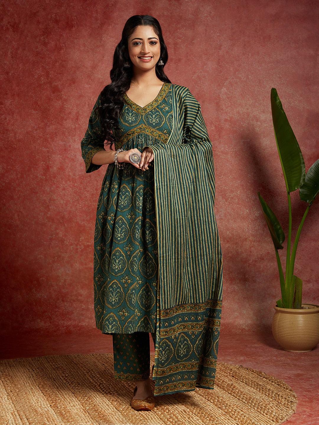 Green Printed Cotton A-Line Kurta With Trousers & Dupatta - Libas