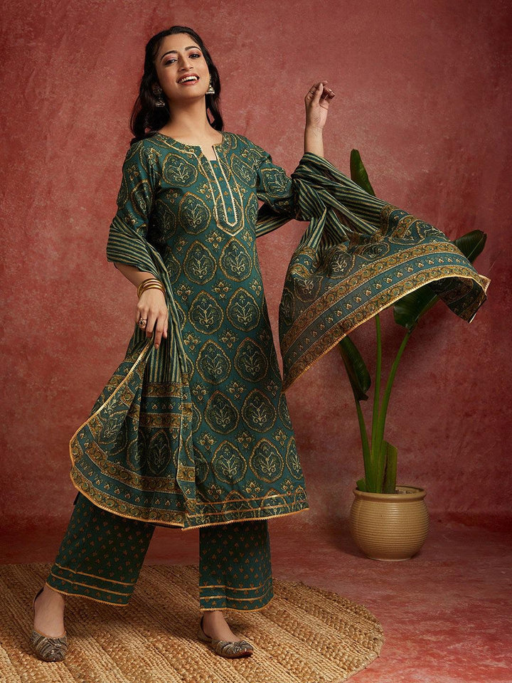 Green Printed Cotton Straight Kurta With Palazzos & Dupatta - Libas