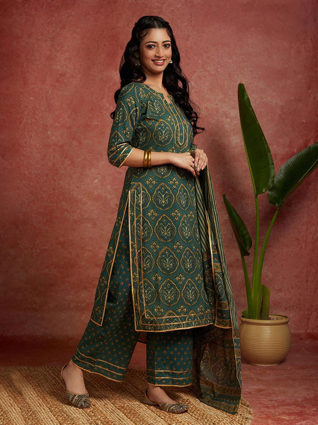 Green Printed Cotton Straight Kurta With Palazzos & Dupatta - Libas