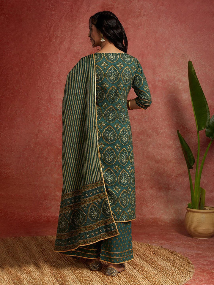 Green Printed Cotton Straight Kurta With Palazzos & Dupatta - Libas