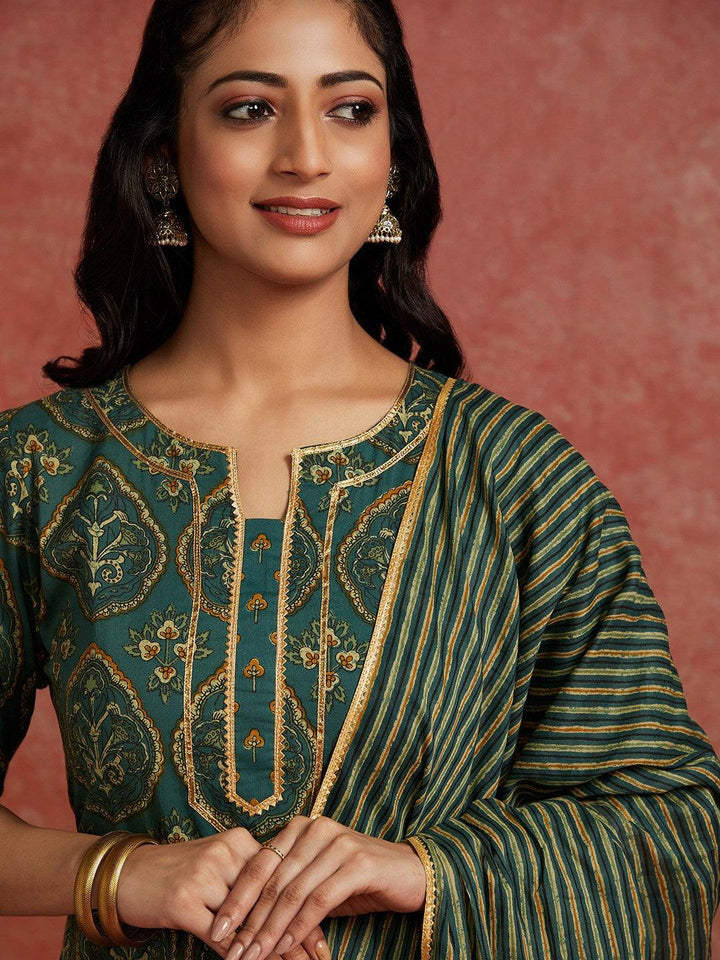 Green Printed Cotton Straight Kurta With Palazzos & Dupatta - Libas