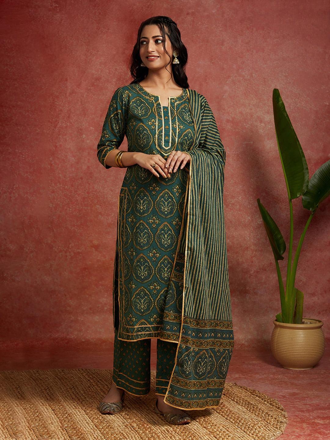 Green Printed Cotton Straight Kurta With Palazzos & Dupatta - Libas