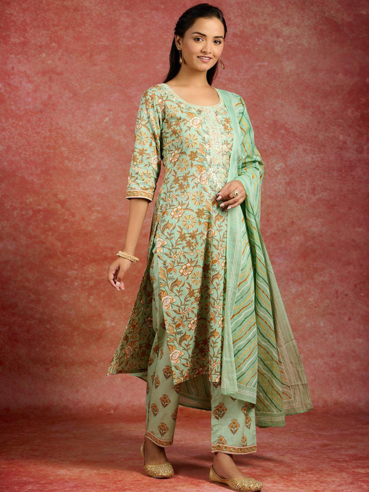 Green Printed Cotton Straight Kurta With Trousers & Dupatta - Libas