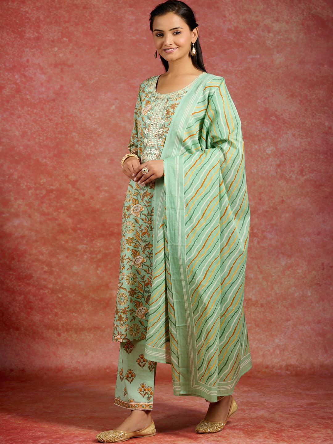 Green Printed Cotton Straight Kurta With Trousers & Dupatta - Libas