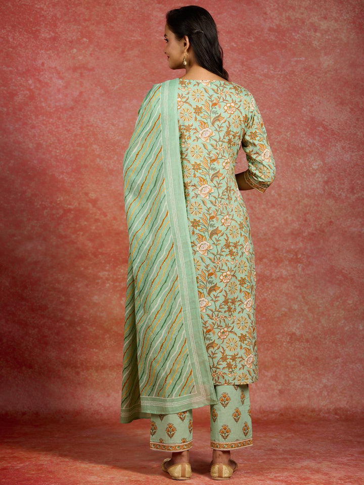 Green Printed Cotton Straight Kurta With Trousers & Dupatta - Libas