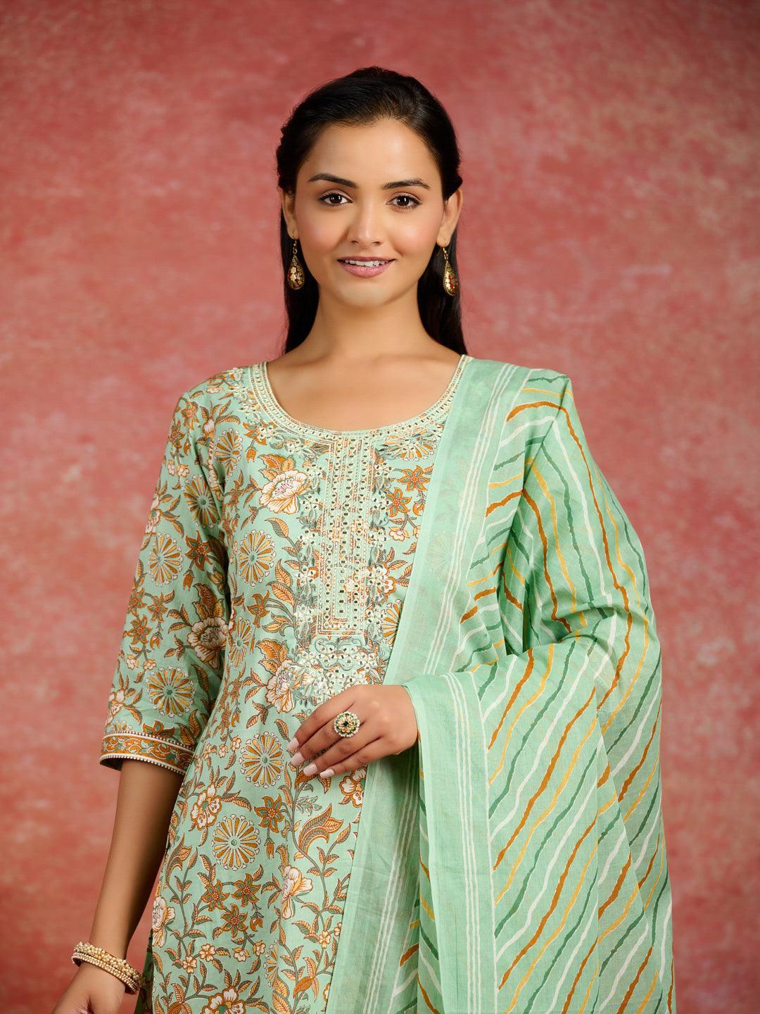 Green Printed Cotton Straight Kurta With Trousers & Dupatta - Libas