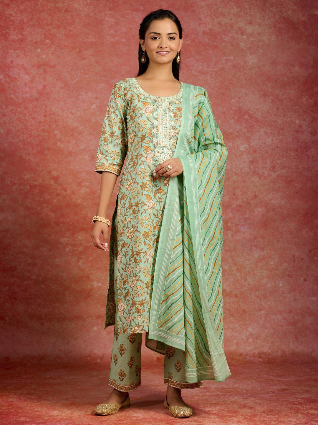 Green Printed Cotton Straight Kurta With Trousers & Dupatta - Libas