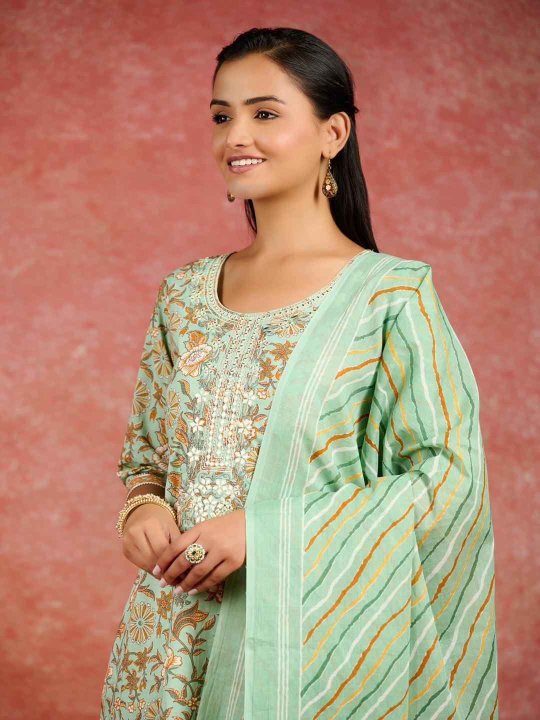 Green Printed Cotton Straight Kurta With Trousers & Dupatta - Libas