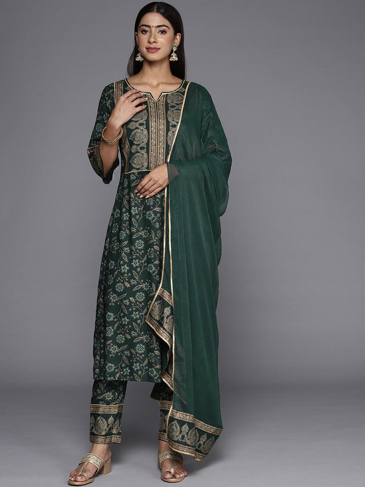 Green Printed Rayon A-Line Kurta With Trousers & Dupatta - Libas