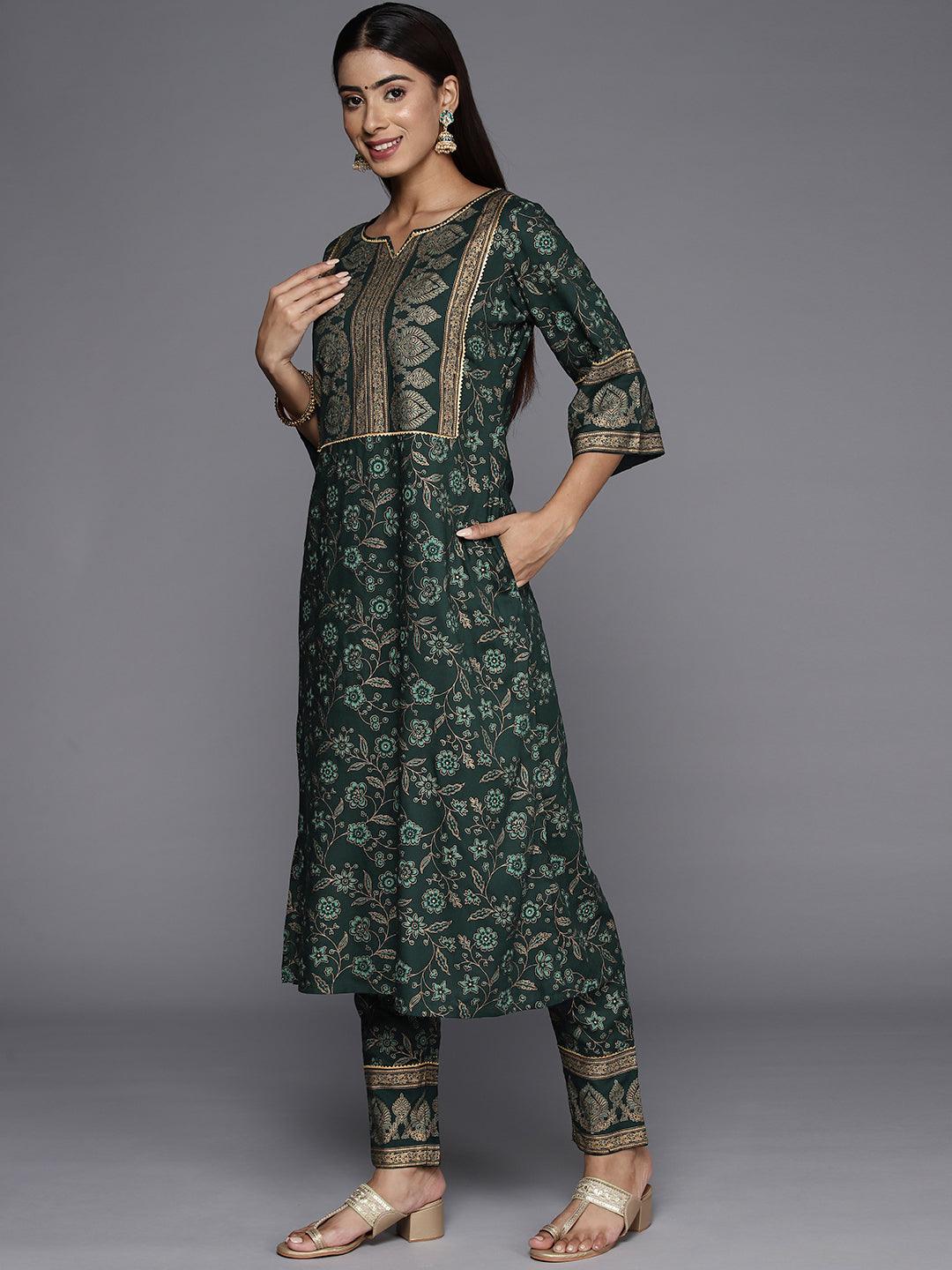 Green Printed Rayon A-Line Kurta With Trousers & Dupatta - Libas