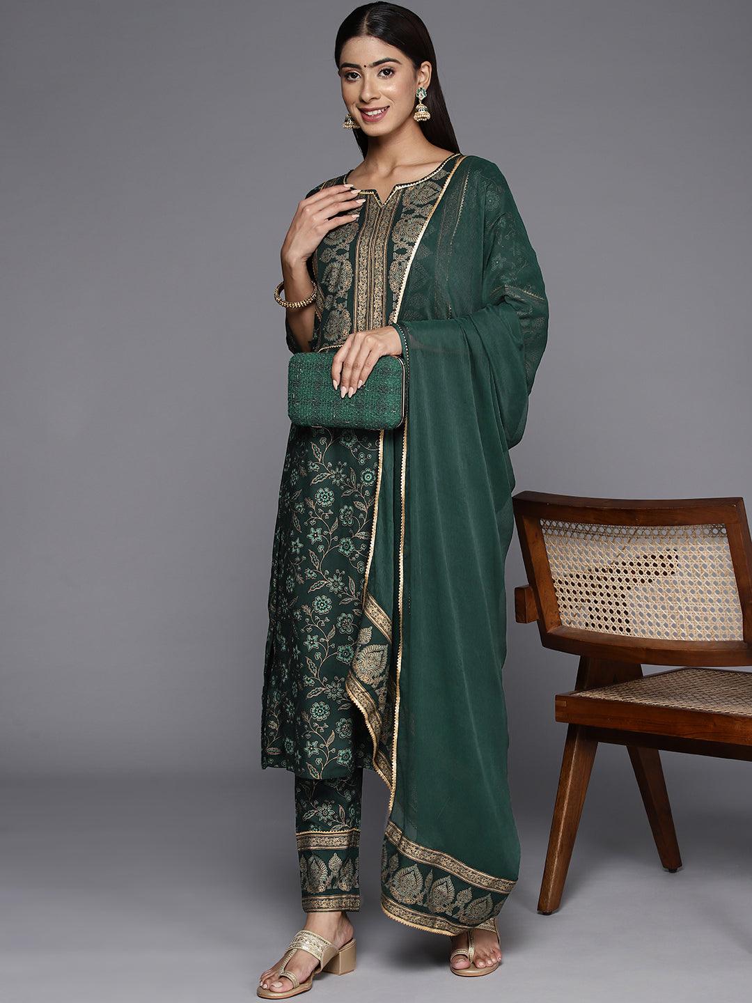 Green Printed Rayon A-Line Kurta With Trousers & Dupatta - Libas