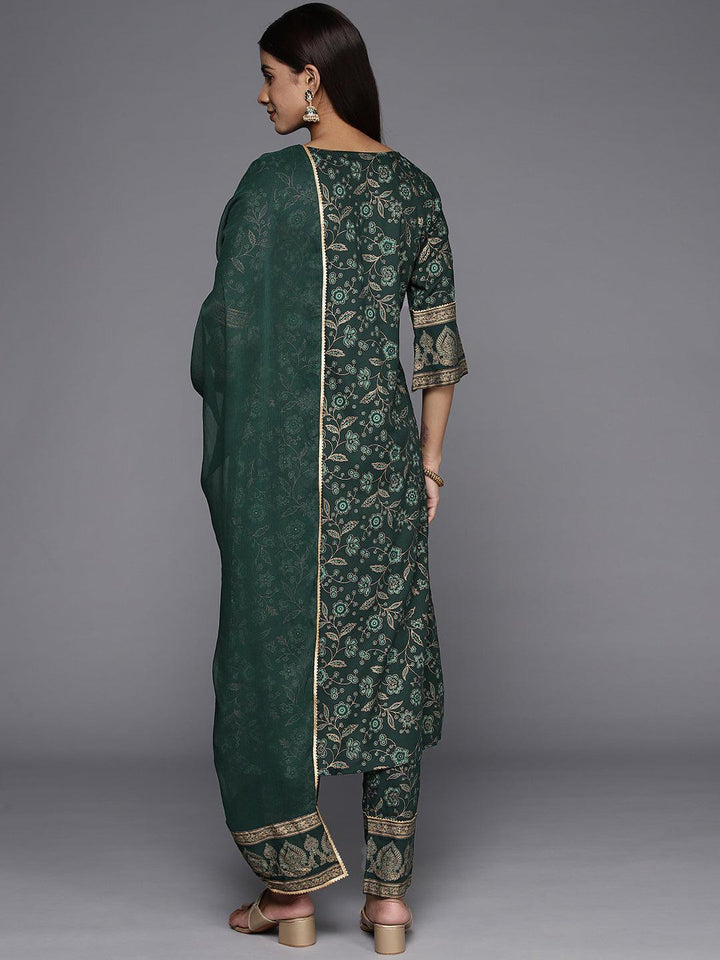 Green Printed Rayon A-Line Kurta With Trousers & Dupatta - Libas