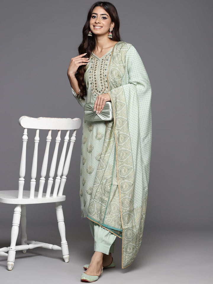 Green Printed Silk Blend Straight Kurta With Trousers & Dupatta - Libas