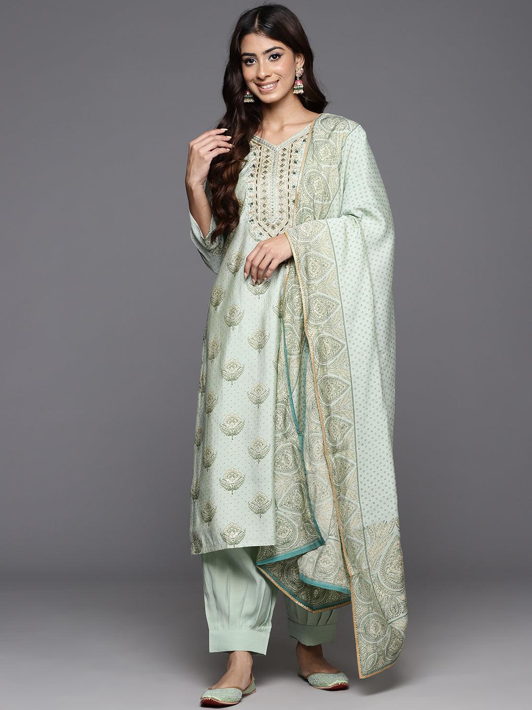 Green Printed Silk Blend Straight Kurta With Trousers & Dupatta - Libas