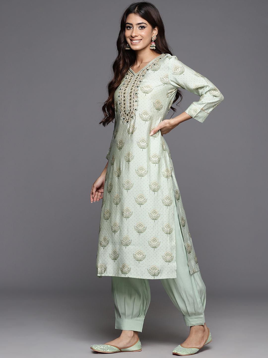 Green Printed Silk Blend Straight Kurta With Trousers & Dupatta - Libas