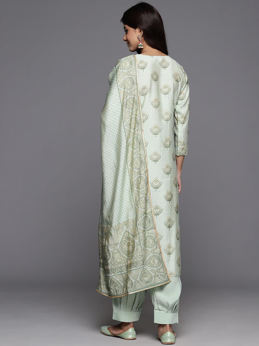 Green Printed Silk Blend Straight Kurta With Trousers & Dupatta - Libas