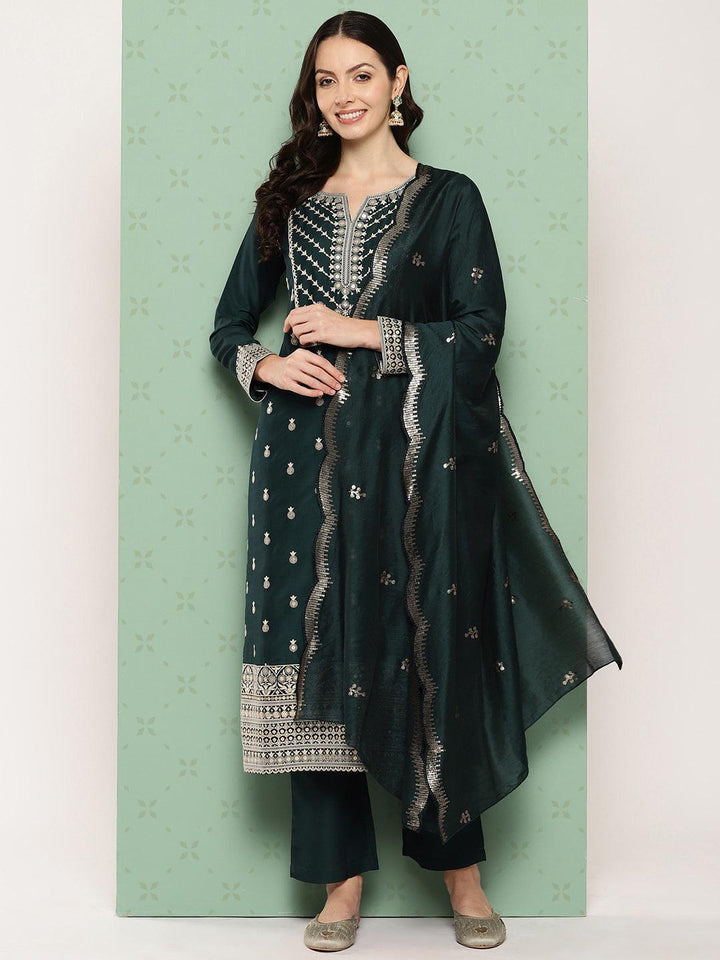 Green Printed Silk Straight Kurta With Trousers & Dupatta - Libas