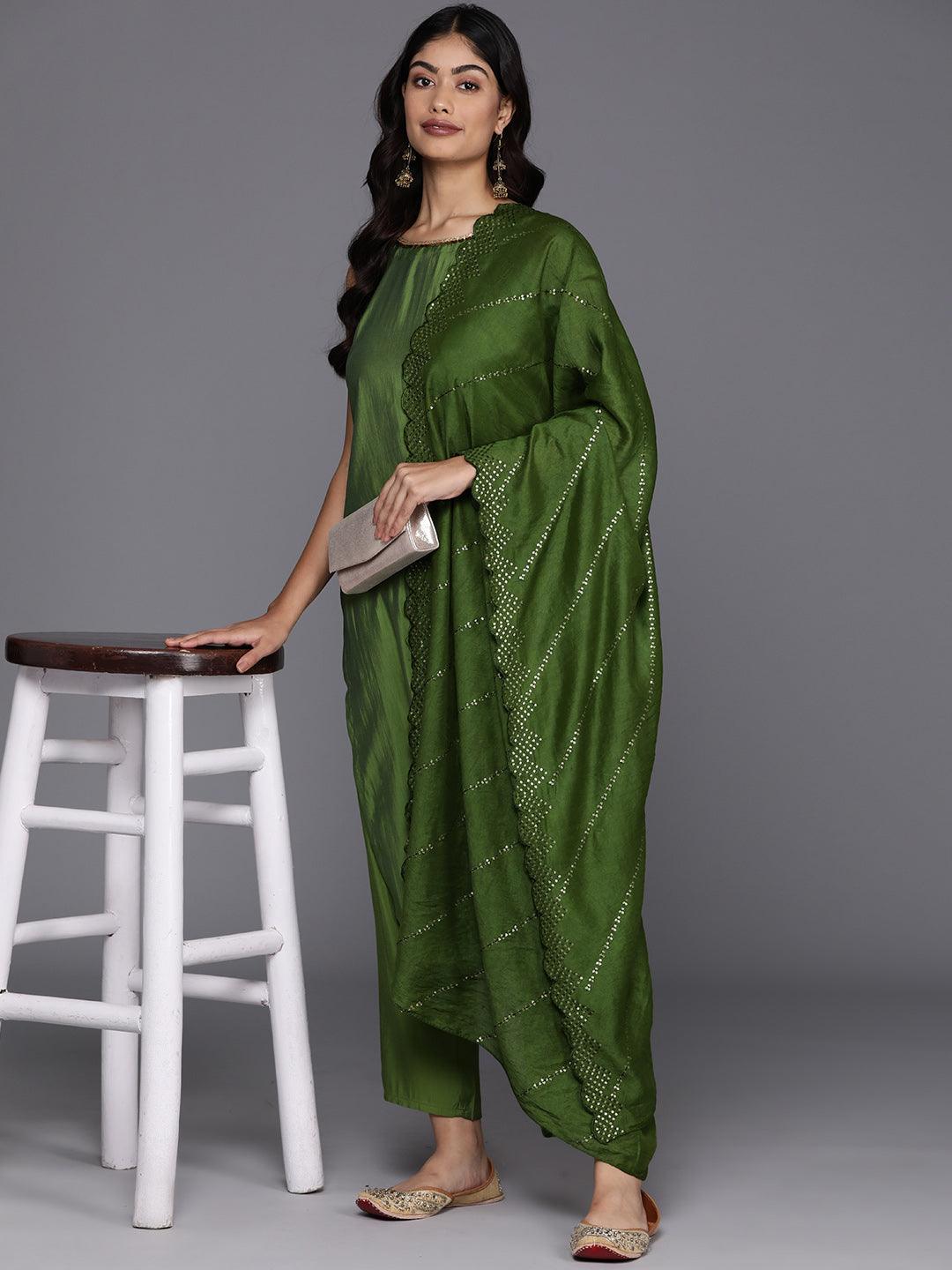 Green Solid Silk Blend Straight Kurta With Trousers & Dupatta - Libas 