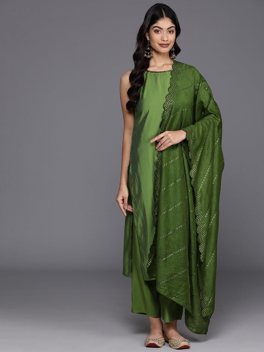 Green Solid Silk Blend Straight Kurta With Trousers & Dupatta - Libas 