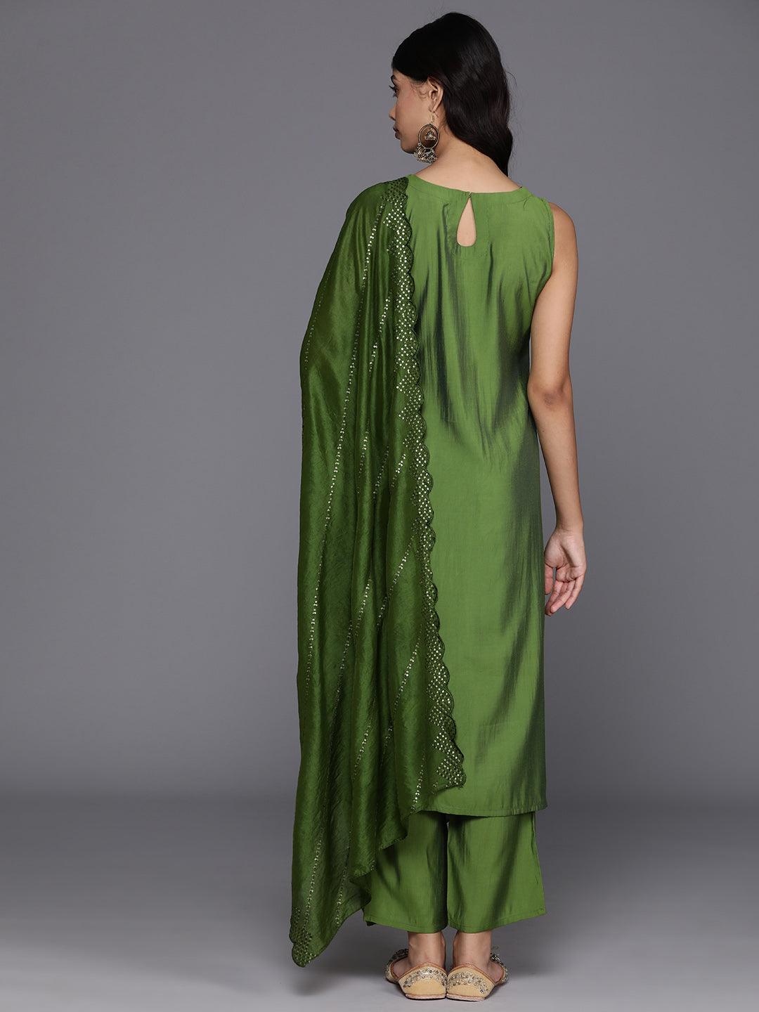 Green Solid Silk Blend Straight Kurta With Trousers & Dupatta - Libas 