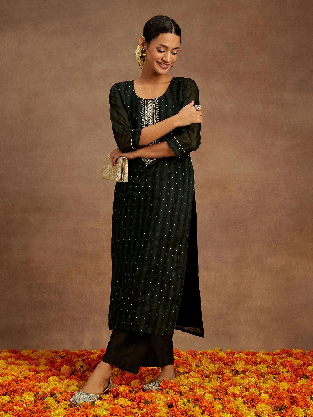 Green Woven Design Chanderi Silk Straight Kurta - Libas