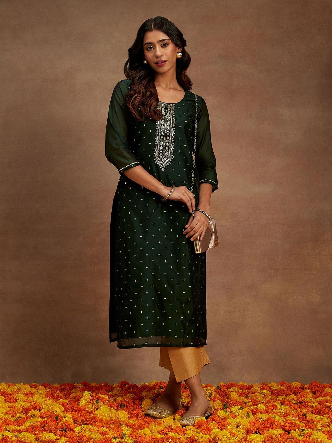 Green Woven Design Chanderi Silk Straight Kurta - Libas