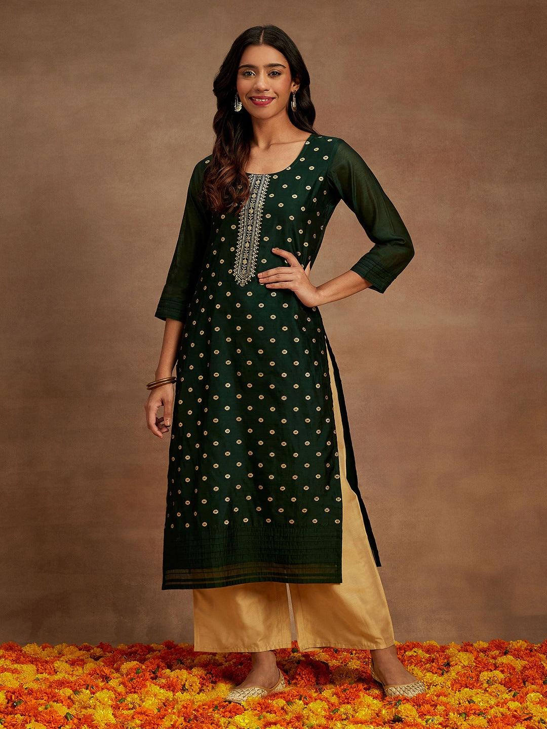 Green Woven Design Chanderi Silk Straight Kurta - Libas