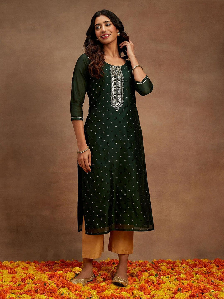 Green Woven Design Chanderi Silk Straight Kurta - Libas