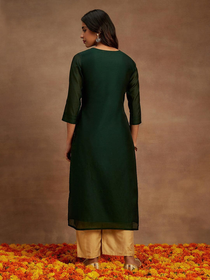 Green Woven Design Chanderi Silk Straight Kurta - Libas