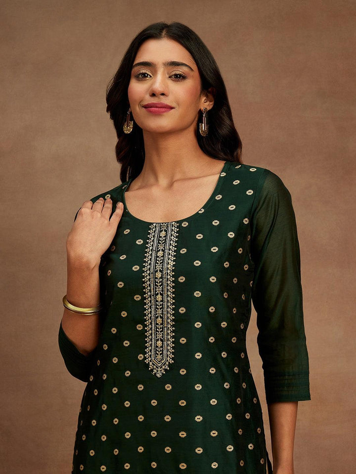 Green Woven Design Chanderi Silk Straight Kurta - Libas