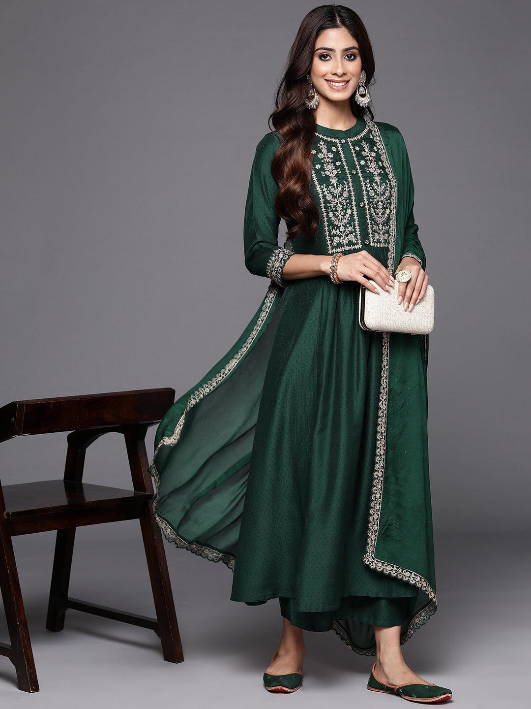 Green Yoke Design Silk Blend Anarkali Kurta With Palazzos & Dupatta - Libas