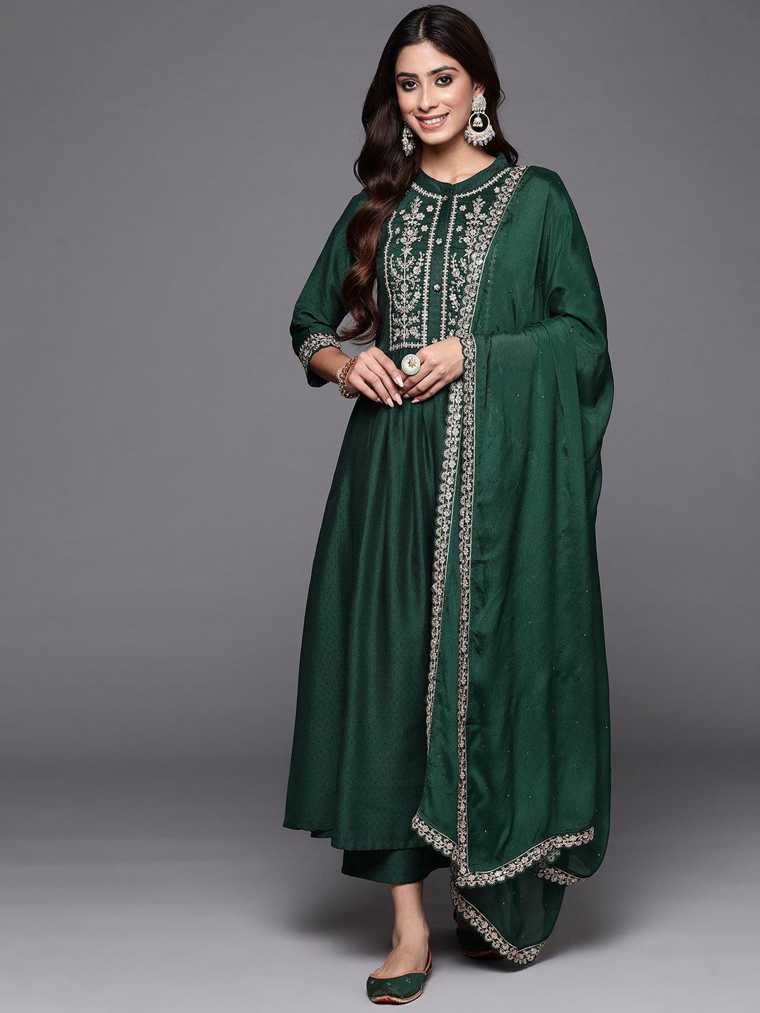 Green Yoke Design Silk Blend Anarkali Kurta With Palazzos & Dupatta - Libas