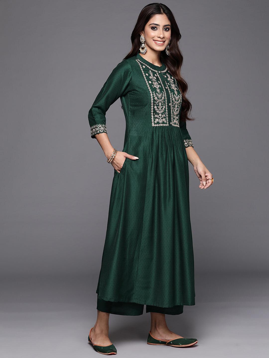 Green Yoke Design Silk Blend Anarkali Kurta With Palazzos & Dupatta - Libas