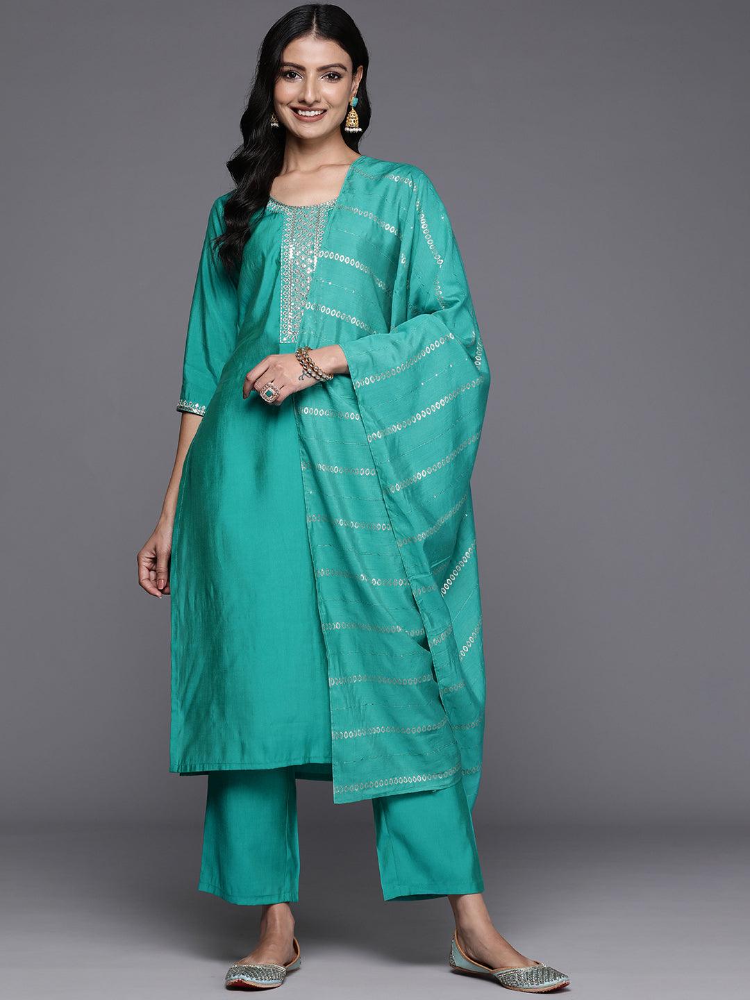 Green Yoke Design Silk Blend Straight Kurta With Trousers & Dupatta - Libas 