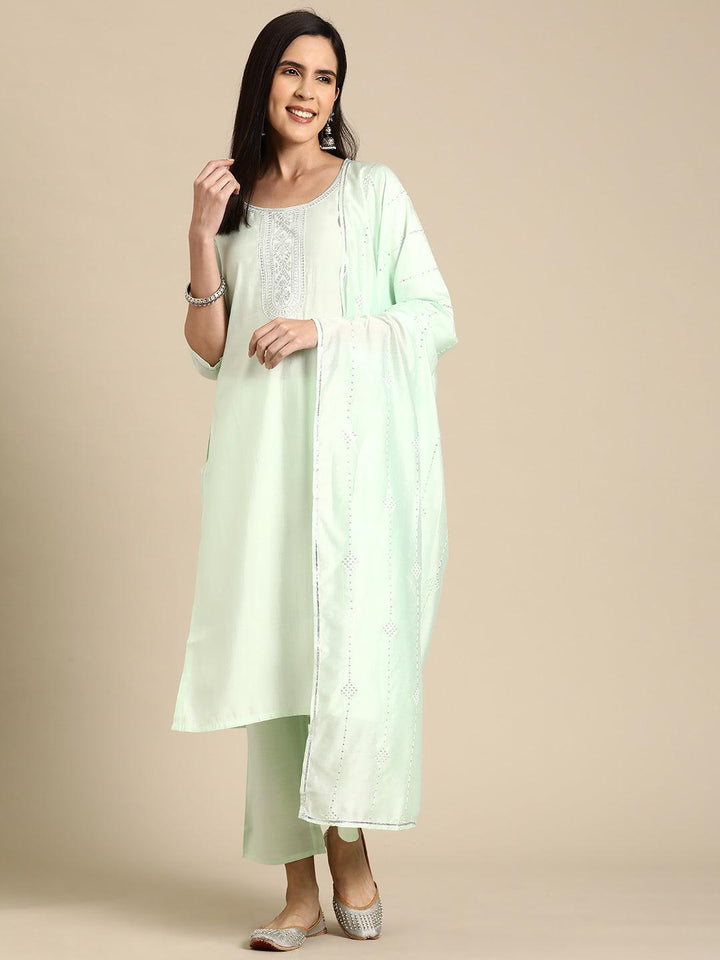 Green Yoke Design Silk Blend Straight Kurta With Trousers & Dupatta - Libas