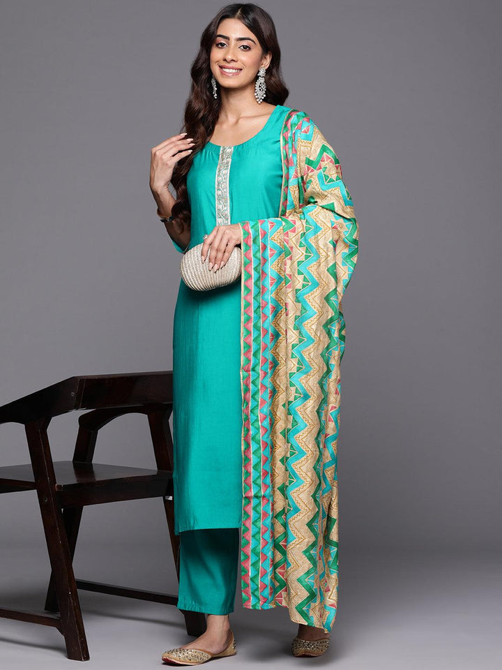 Green Yoke Design Silk Blend Straight Kurta With Trousers & Dupatta - Libas