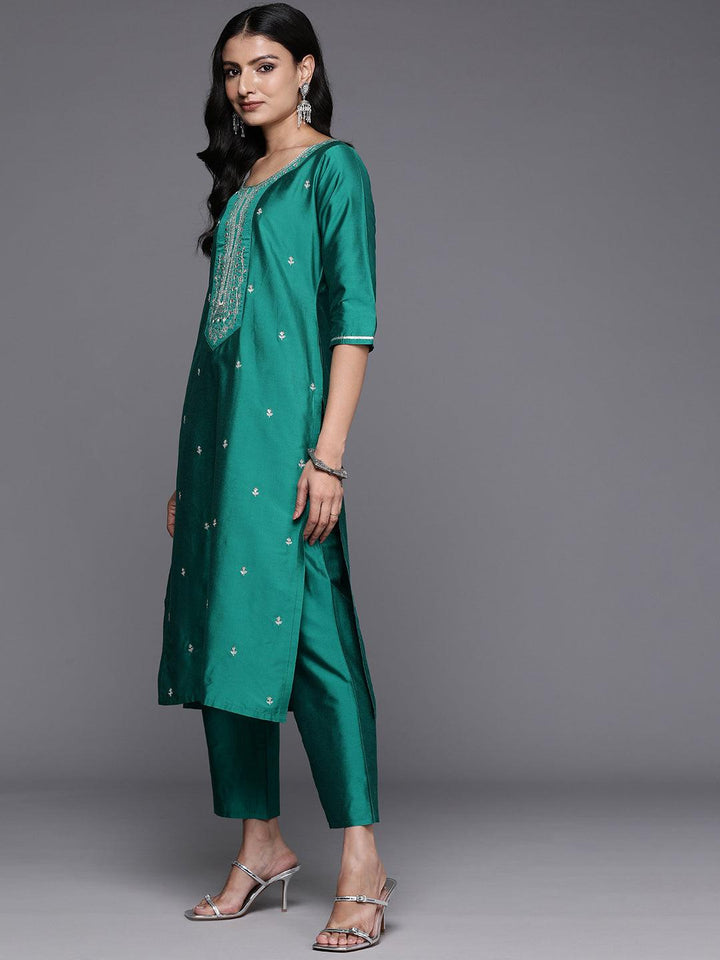 Green Yoke Design Silk Blend Straight Kurta With Trousers & Dupatta - Libas