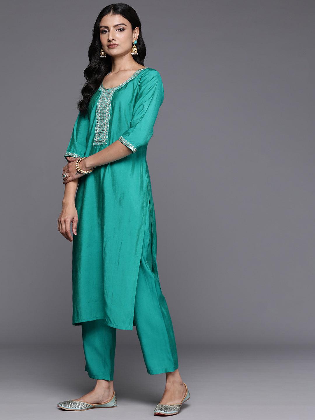 Green Yoke Design Silk Blend Straight Kurta With Trousers & Dupatta - Libas 