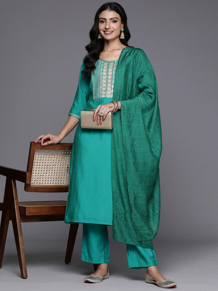 Green Yoke Design Silk Blend Straight Kurta With Trousers & Dupatta - Libas