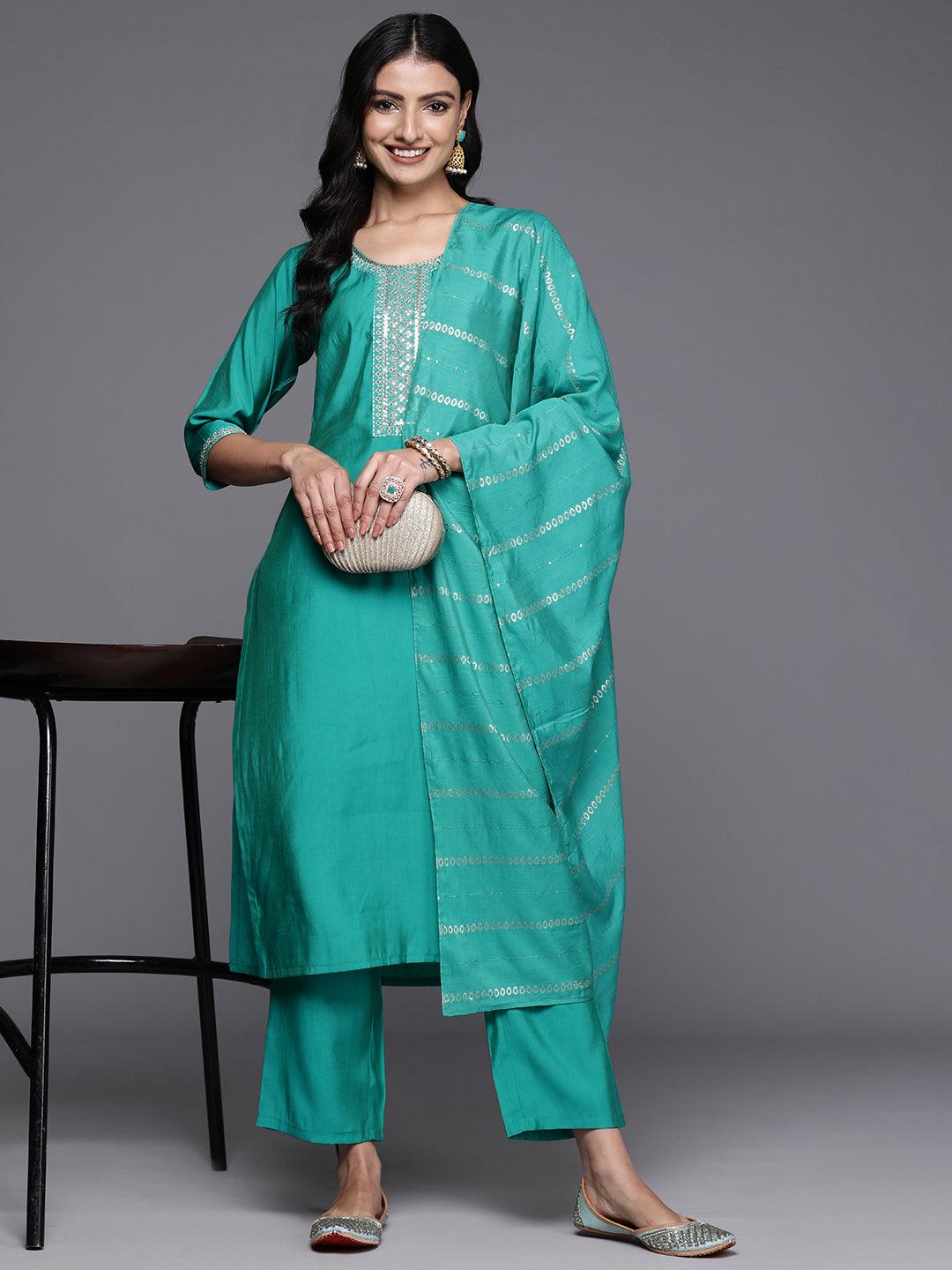 Green Yoke Design Silk Blend Straight Kurta With Trousers & Dupatta - Libas