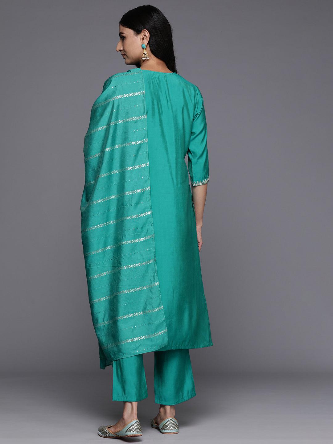 Green Yoke Design Silk Blend Straight Kurta With Trousers & Dupatta - Libas 