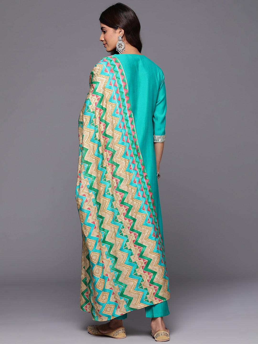 Green Yoke Design Silk Blend Straight Kurta With Trousers & Dupatta - Libas