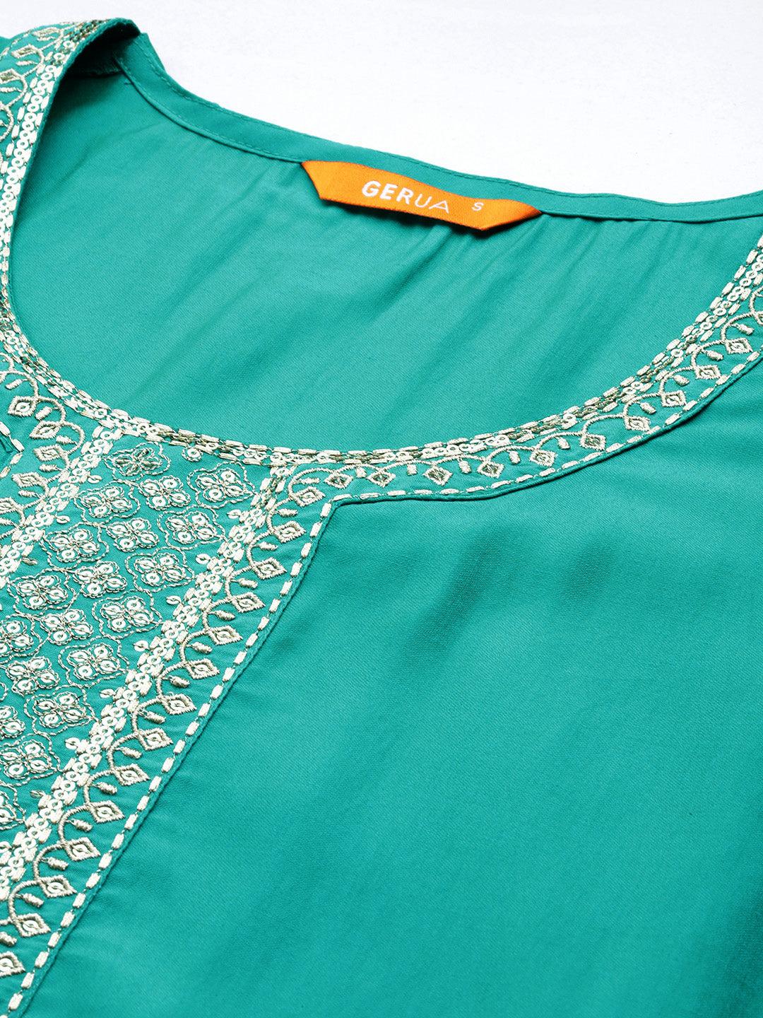 Green Yoke Design Silk Blend Straight Kurta With Trousers & Dupatta - Libas 