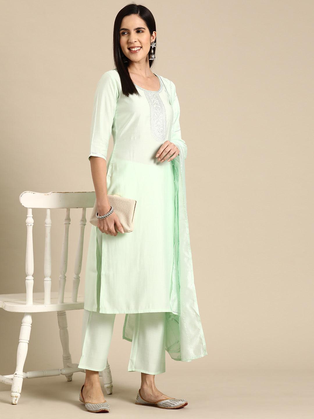 Green Yoke Design Silk Blend Straight Kurta With Trousers & Dupatta - Libas