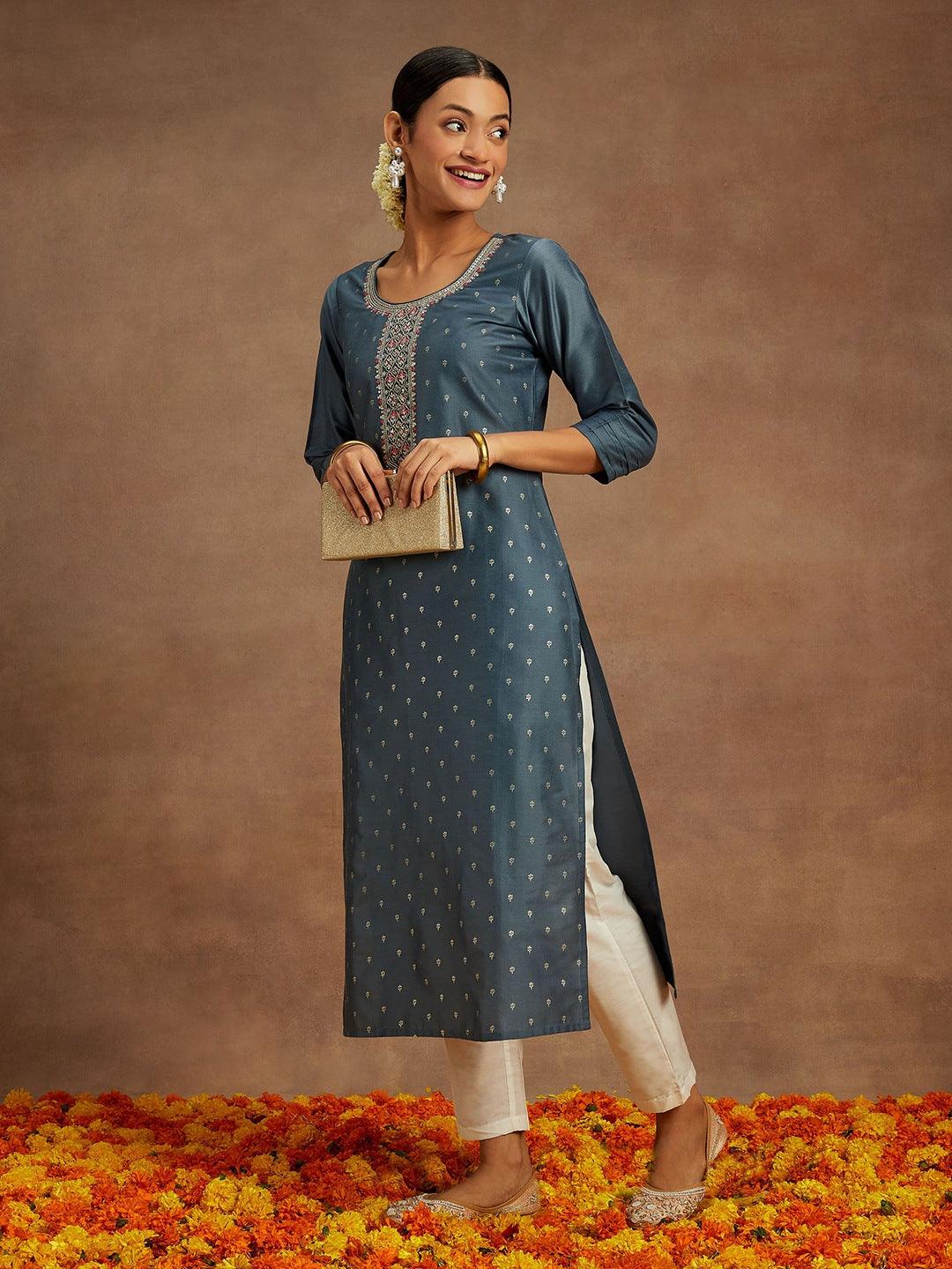 Grey Embroidered Chanderi Silk Straight Kurta - Libas