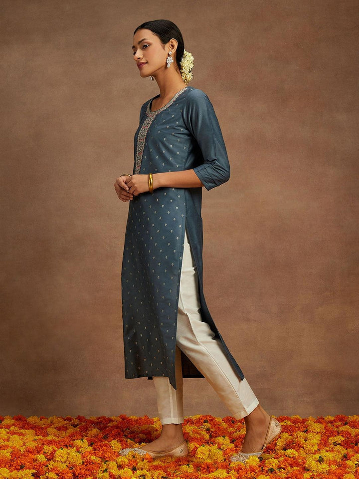 Grey Embroidered Chanderi Silk Straight Kurta - Libas