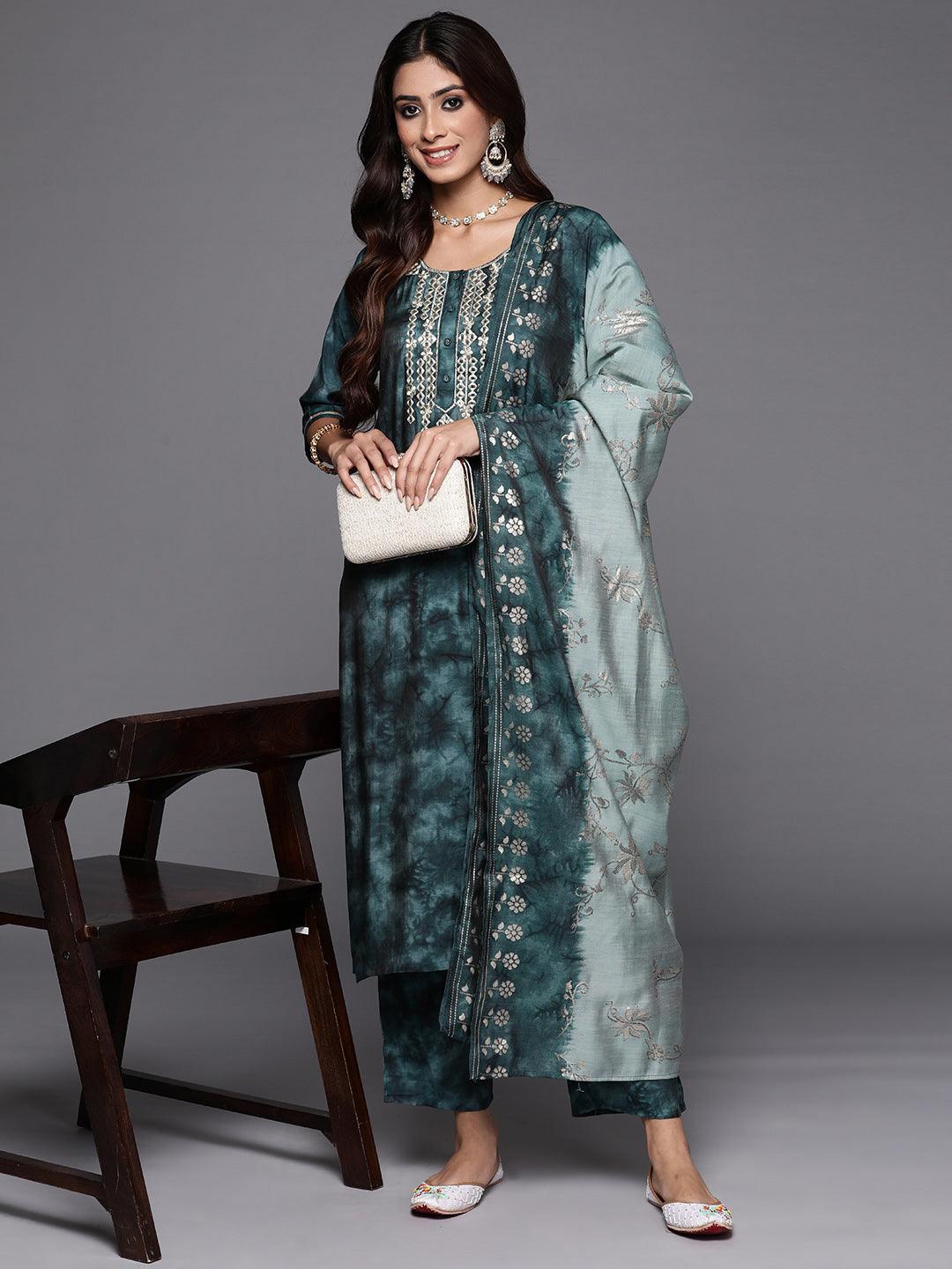 Grey Printed Silk Blend Straight Kurta With Trousers & Dupatta - Libas