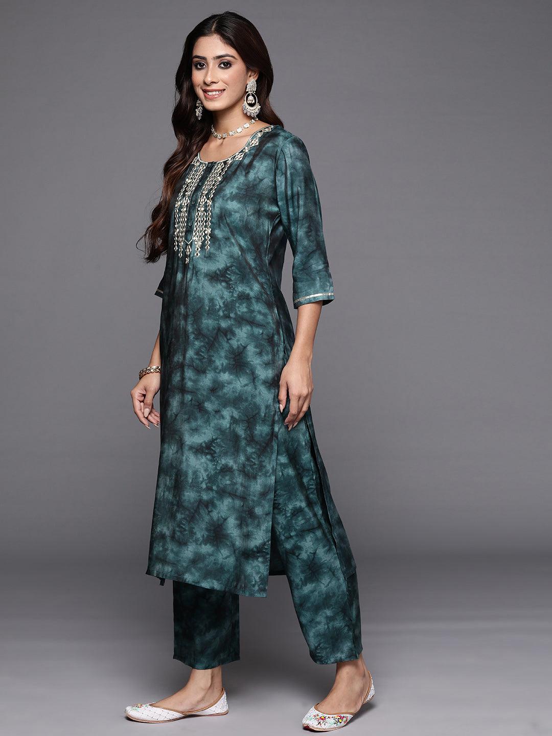 Grey Printed Silk Blend Straight Kurta With Trousers & Dupatta - Libas