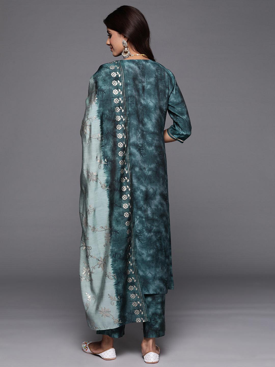 Grey Printed Silk Blend Straight Kurta With Trousers & Dupatta - Libas